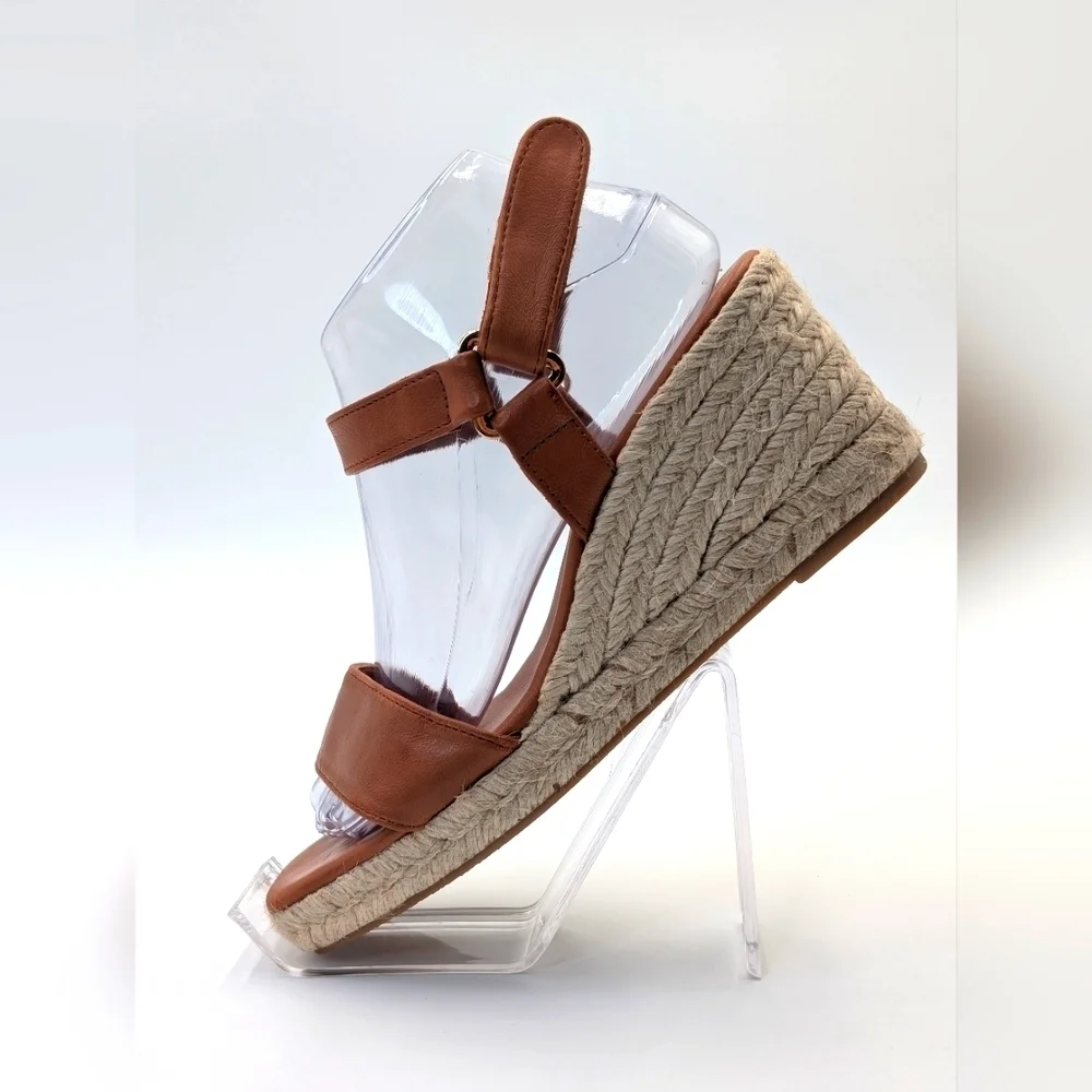 NEW Jutelia Made In Spain Brown Leather Espadrilles Raffia Braided Wedge Sz 7.5